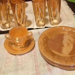 Peach luster plates and glasses