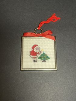 Vintage Square Finished Framed Cross Stitch Santa Claus & Christmas Tree Ornament