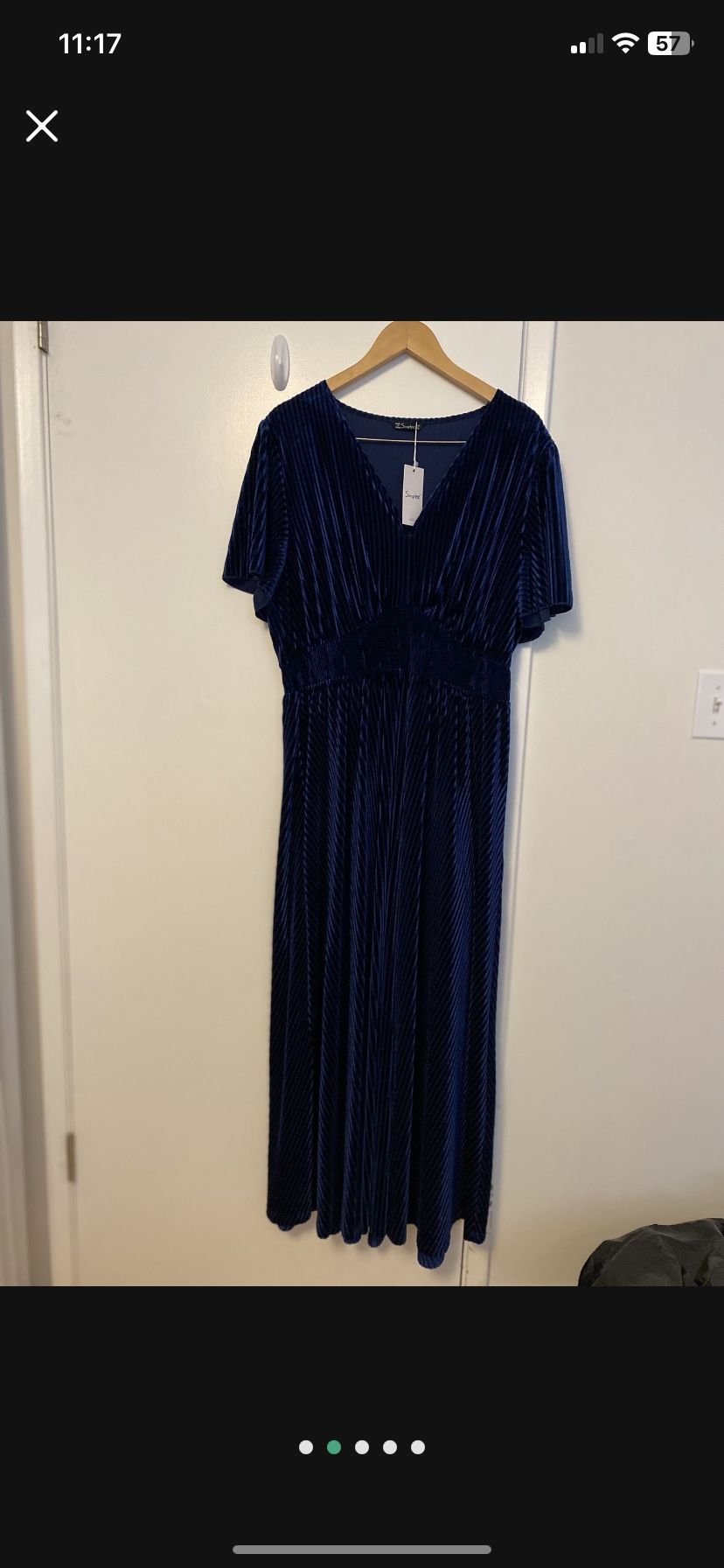 Navy Blue Women’s V Neck Velvet Maxi Dress Short Sleeve Empire Waist Long Formal Dress for Wedding Guest