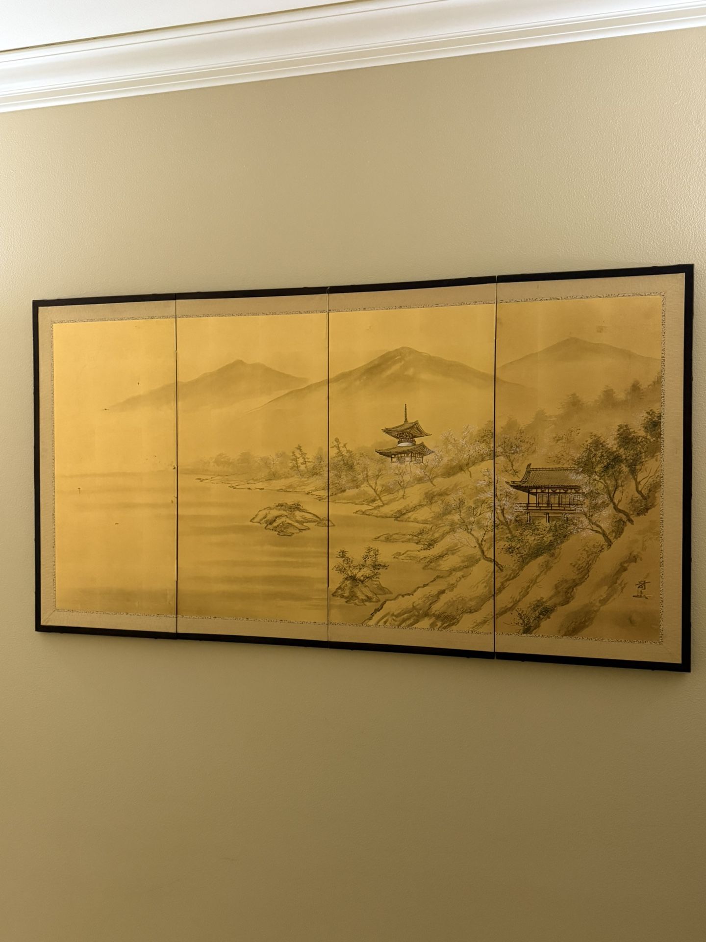 Vintage Japanese 4-Panel Folding Screen Art Pagoda Landscape Wall Decor