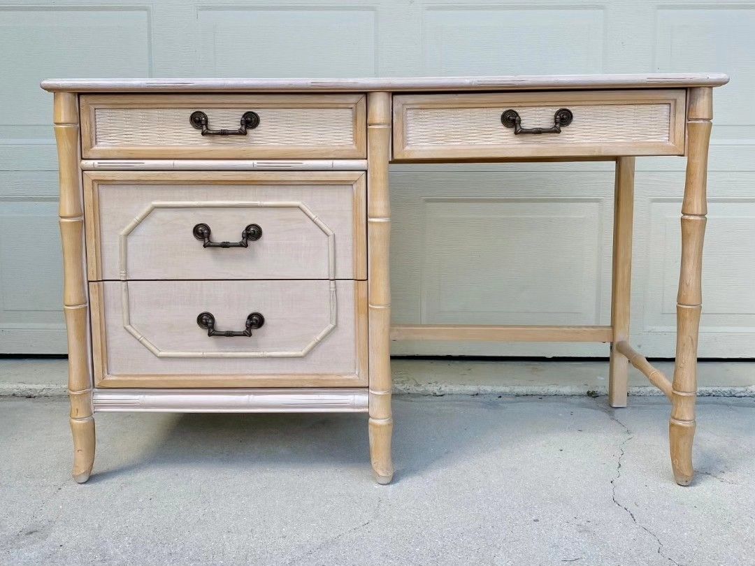 Vintage Faux Bamboo Broyhill Desk Features 4 Drawers, Faux Bamboo And Original Hardware 