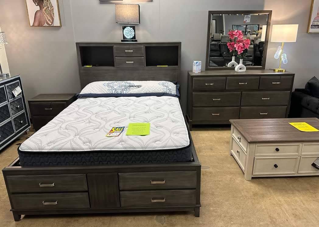 Caitbrook Gray Bookcase Storage Platform Bedroom Set Queen Or King Set Bed, Dresser, Mirror, Nightstand, Chest 