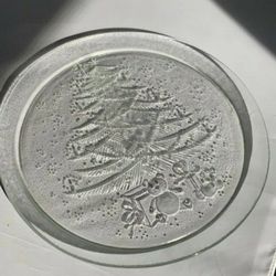 Clear Glass Christmas Tree With Toys Teddy Bear Serving Platter Plate 12.75"