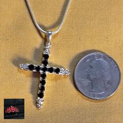 100% NATURAL AND GENUINE *BLACK*🔥SWAROVSKI CRYSTALS🔥 STERLING CROSS, ON A 16"- OR 18" STERLING CHAIN. U CHOOSE..(NC-32974)