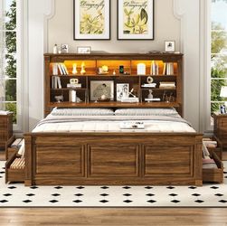 Brand new Farmhouse King Size Bed Frame with 55" Tall Storage Headboard & 4 Drawers, Wood Roman Column. *OBO*