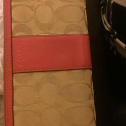 Coach Large Zip Around Tan Wallet With Pink Leather Trim