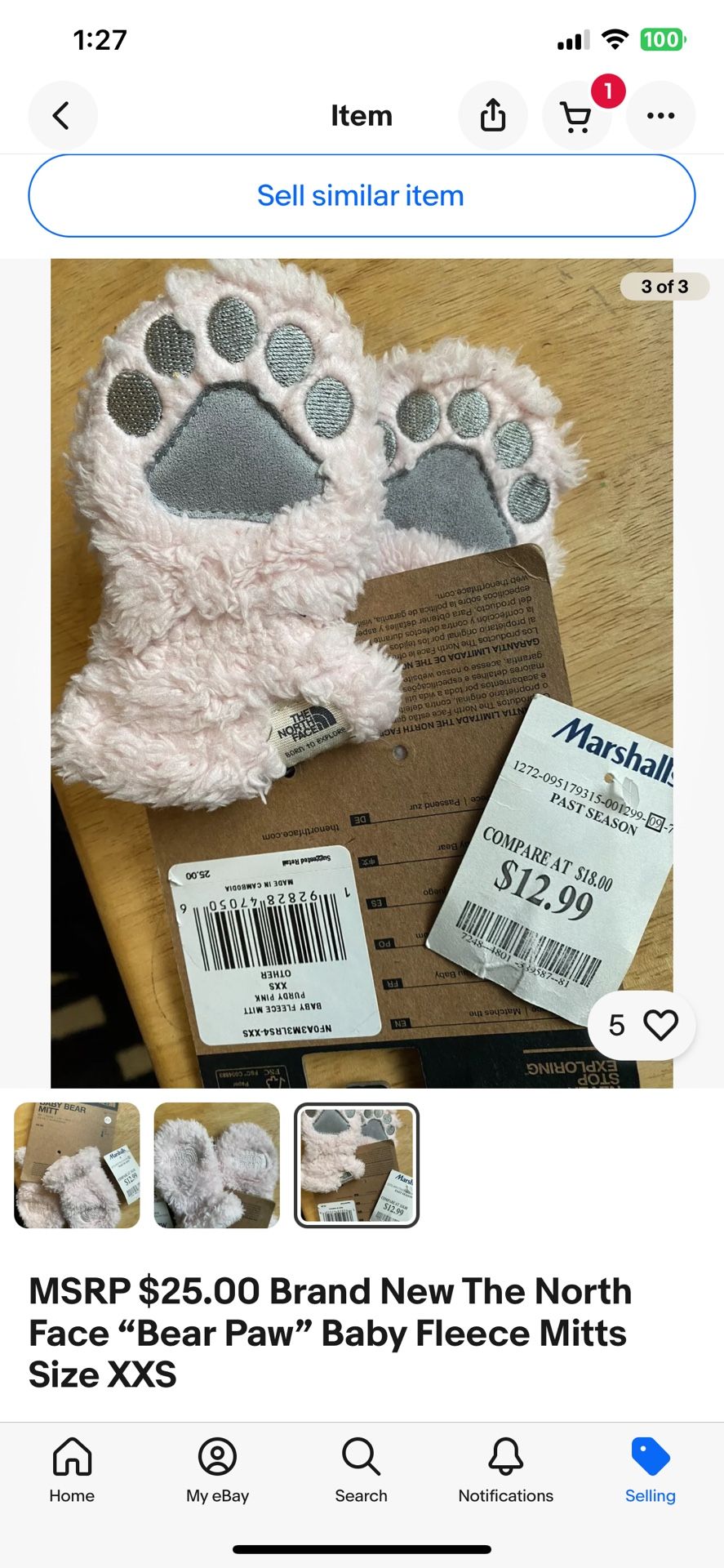The North Face “Bear Paw” Baby Fleece Mitts Size XXS