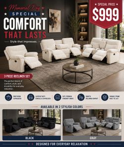 🔥 LUXURY 3PC RECLINING SET 🔥