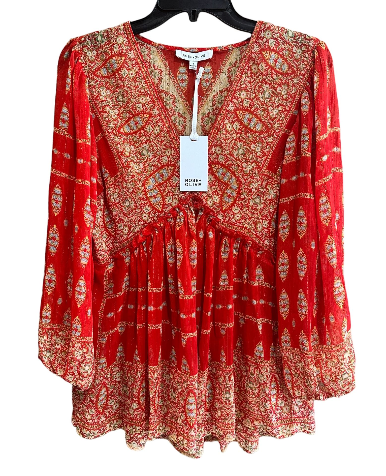 NEW Rose + Olive Orange Red Floral Design 3/4 Sleeves Flowy Shimmer Size S NWT