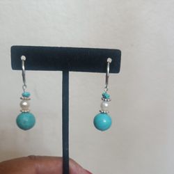 Turquoise And Pearl Hand Made Earrings 