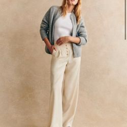 Sezane cesar ecru cream golden button up wide leg trouser pants 44 / 12 