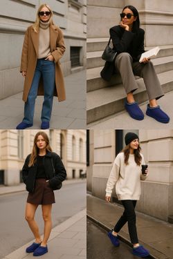 UGG Tazz Slippers Women 9 Navy Blue Suede Platform Slip-On Shearling Lined Shoes