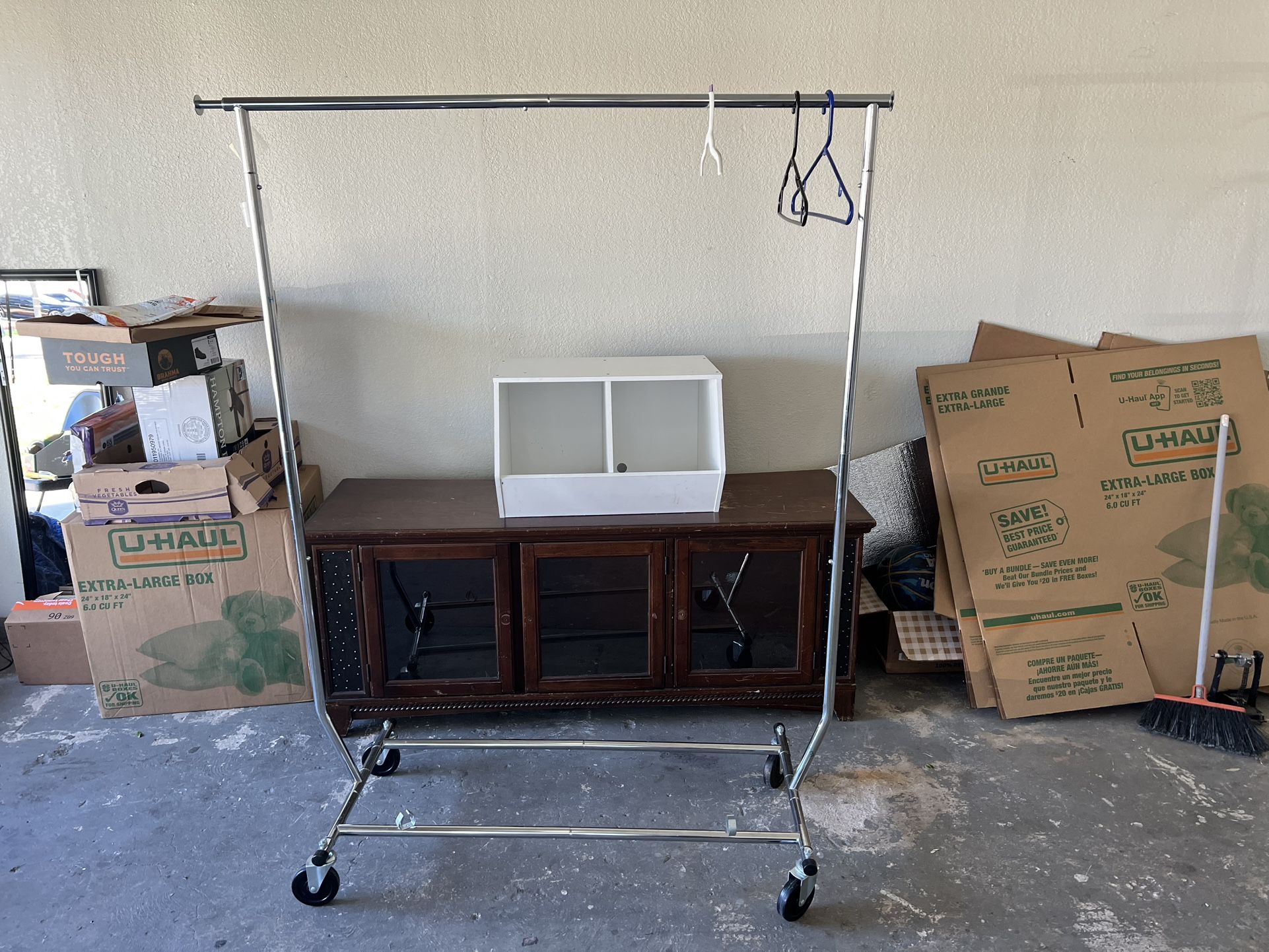 Console Table, White Storage Bin, Cloths Rack 