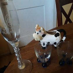 FANCY SHOT GLASSES  FANCY WINE GLASS & A COW CRREAMER