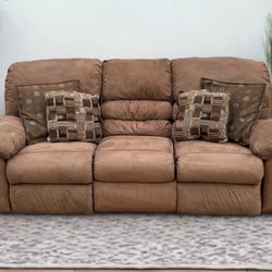 Slumberland Tan Microsuede 3-Seat Couch Recliner w/ Flip-Down Table
