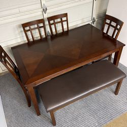 6-PC SLEEK BROWN FINISH DINING SET (TABLE, LARGE BENCH AND 4 PADDED CHAIRS)