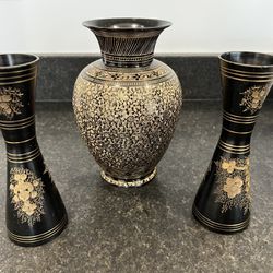 Black Brass Vases With Gold Filigree 