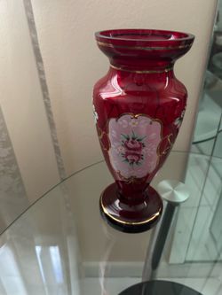 Vintage Vase. Bohemian BYTEP Art Glass Cranberry Red Hand Blown and Hand Painted Roses Vase Gold Trim. 9,5”H. Victorian Style.Very Rare.