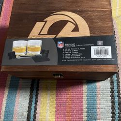 NFL LA Rams Whiskey Glass Gift Set Box Slate Coasters Stones Tongs New