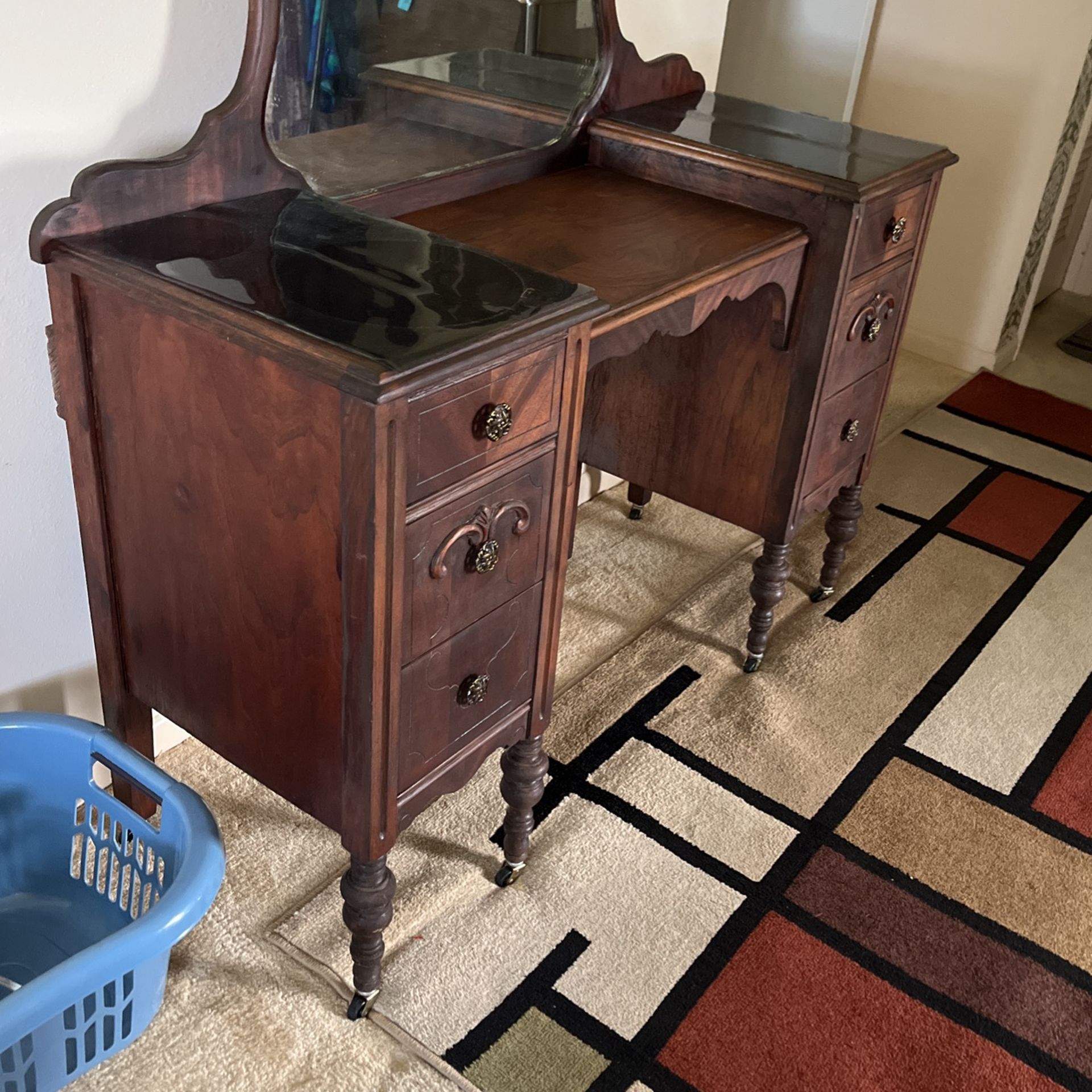 Antique Wooden Vanity On Wheels. 6 Drawers With Mirror
