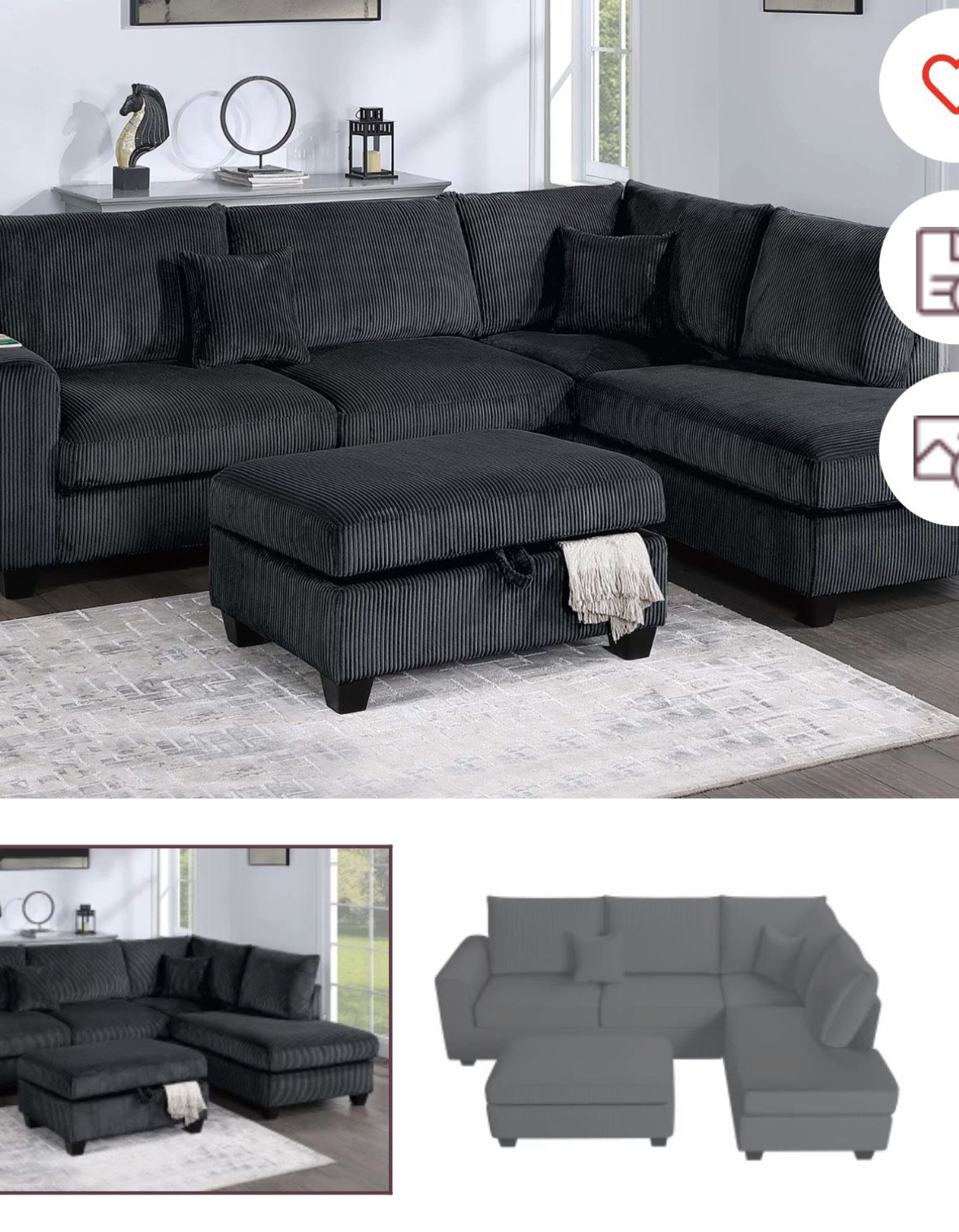 3Pc Sectional With Ottoman Set