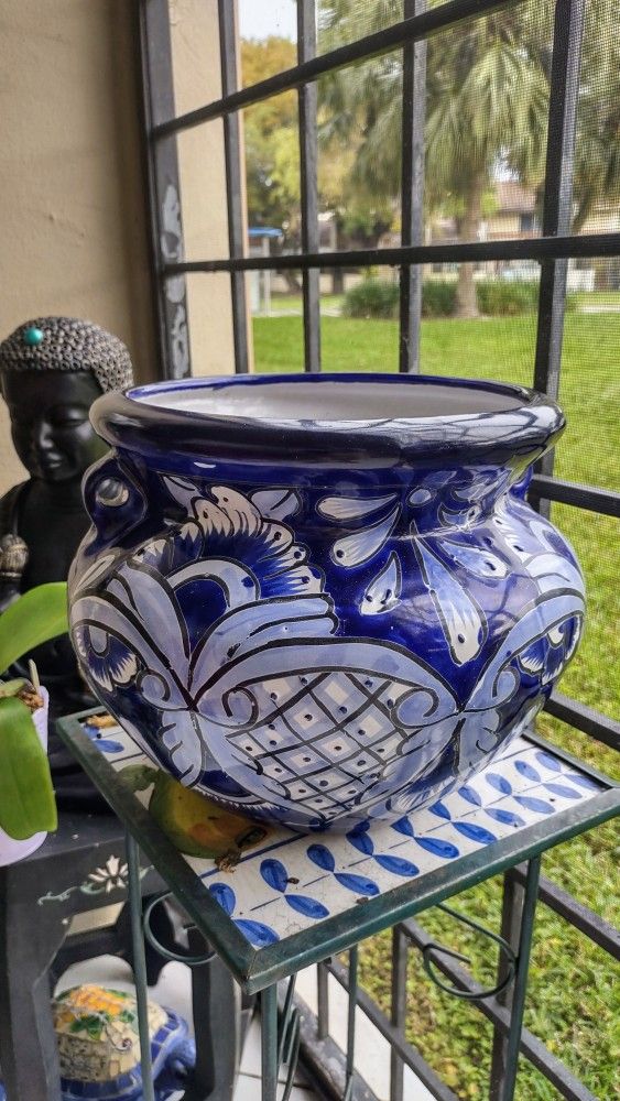 Indoors/Outdoors 9" H x 9" W- Zacan Mexican Blue & White Colors ;Talavera Ceramic Garden Pot.