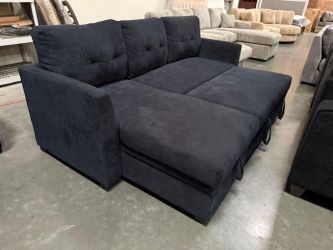 NEW Sectional Sofa with Storage Reversible Chaise and Pullout Sleeper Bed Sofabed Pull out Navy Black Fabric Small Apartment Living Room Space Saving