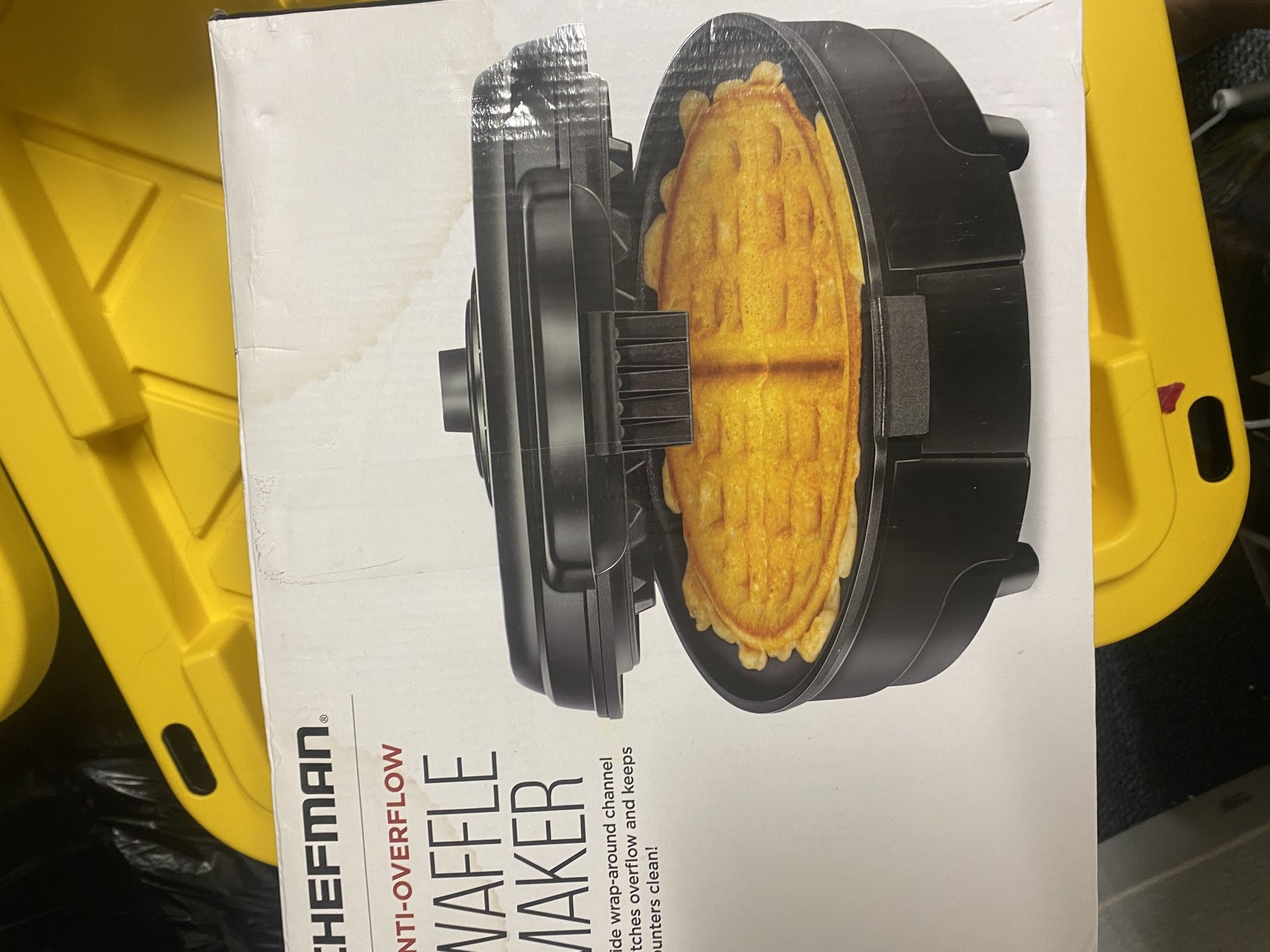 Chefman Anti-Overflow Belgian Waffle Maker w/Shade Selector, Temperature Control, Mess Free Moat, Round Iron w/Nonstick Plates & Cool Touch Handle, Me