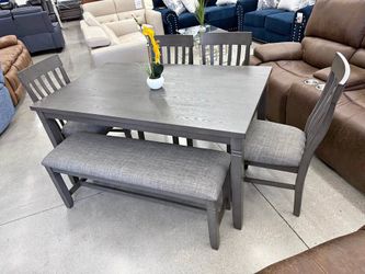 Gray Wood Dining Table Set with Bench