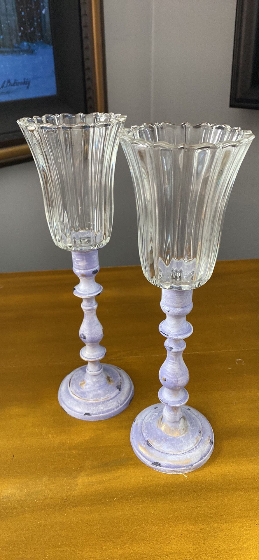 Set Of Vintage Re-Imagined Violet Chippy Brass Candle Sticks & Vintage Votives