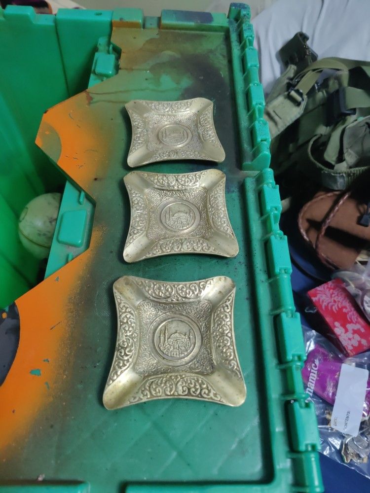 vintage Turkish brass ashtray set.