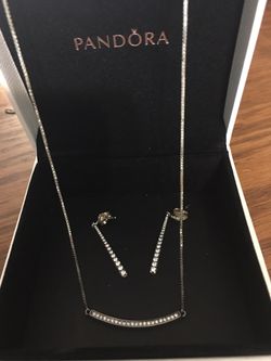 Pandora 19.7 inch Bar Necklace Hearts of Pandora Sterling Silver and Earrings