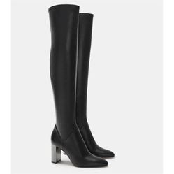ZARA Over The Knee High Faux Leather Boots Block Heel Thigh High Boot, Black