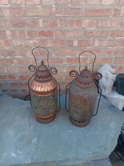 Pair of Rustic cylindrical mosaic glass candle Lanterns w/ Distressed metal frames with Scroll handles