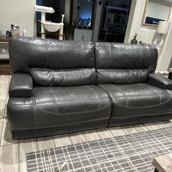 Dual Power Reclining Full Leather Gray Couch 