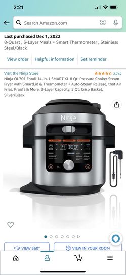 Ninja OL701 Foodi 14-in-1 SMART XL 8 Qt. Pressure Cooker Steam Fryer with  SmartLid & Thermometer + Auto-Steam Release, that Air Fries, Proofs & More,  3-Layer Capacity, 5 Qt. Crisp Basket, Silver/Black 