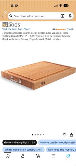 John Boos Handle Boards Series Rectangular Wooden Maple Cutting Board 24”x18” – 2.25” Thick, 30-lb Reversible Butcher Block with Juice Groove, Edge-Gr