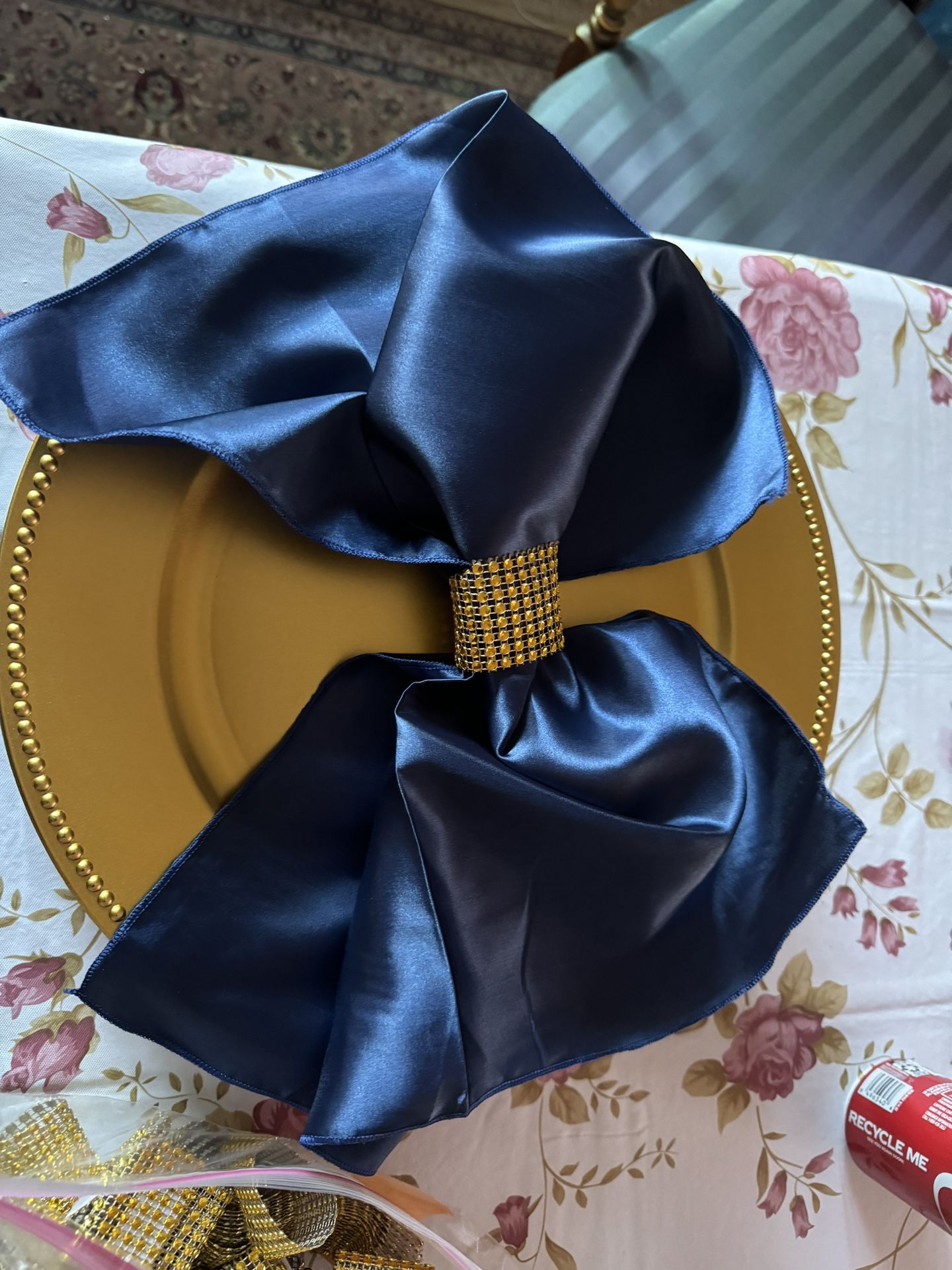 Gold Chargers, napkin and rings