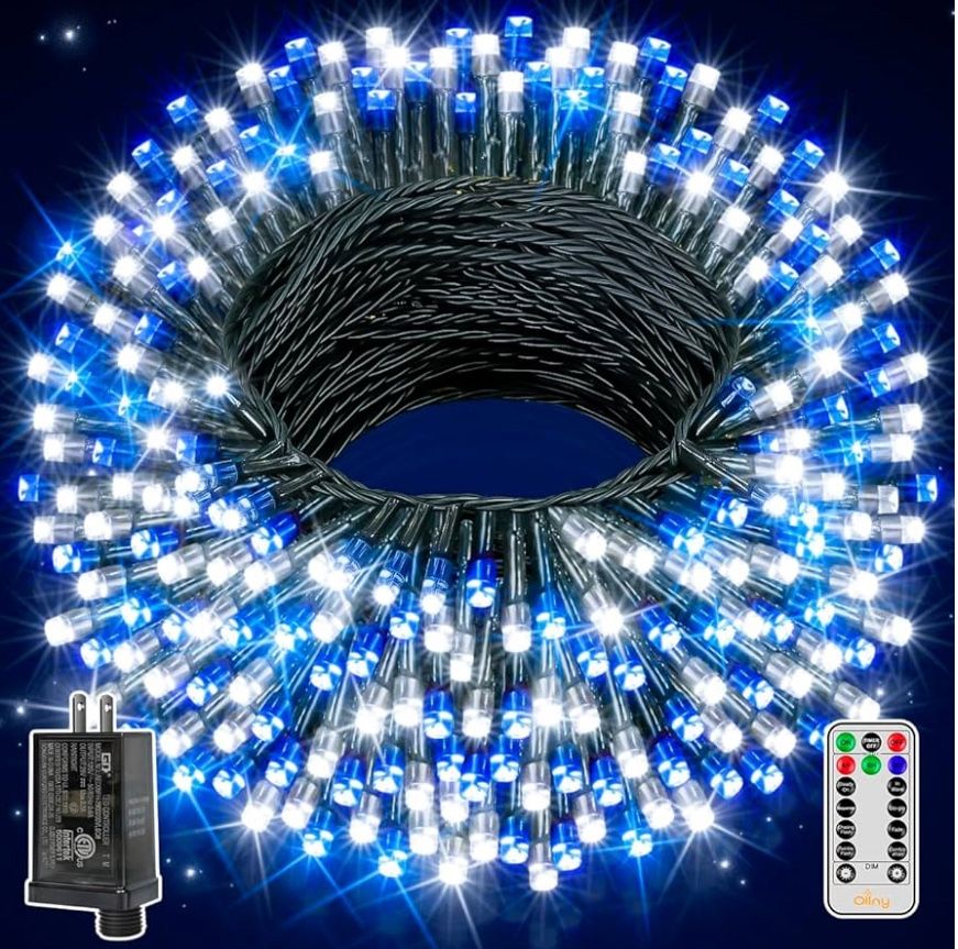 Ollny Christmas Lights Outdoor Indoor Decor, 132FT 400LED Blue & White String Lights 8 Modes Plug in Waterproof, Xmas Fairy Lights with Remote for Tre