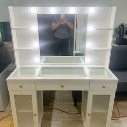 White Vanity Desk with Mirror and Lights, Glass Top Vanity with Lighted Mirror & RGB Glass Cabinet and 3 Drawers, Makeup Vanity Desk with Lights Dress