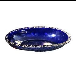 Vintage Cobalt Blue Tiara Glass Oval Candy Dish Bird And Strawberry Pattern