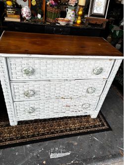 Vintage wicker and wood shabby chic cottagecore 3 drawer medium size dresser