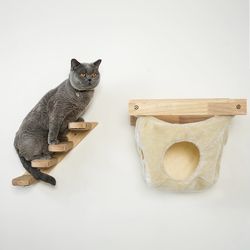 Wall Mounted Cat Hammock Shelf with Steps & Tunnel – Modern Cat Furniture for Climbing & Lounging