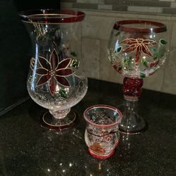 Crackle Glass Candle Holder Christmas Decor Poinsettia Flower Berries Vintage Set Of 3 PICK UP SYLMAR