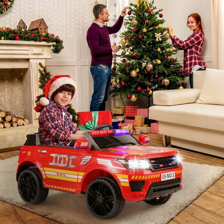 Fire Truck Ride. RED, on Car 12V Electric Firetruck Battery Powered Vhicles for Kids to Drive with Remote Control, Bluetooth, Siren-Call, Walkie-Talki
