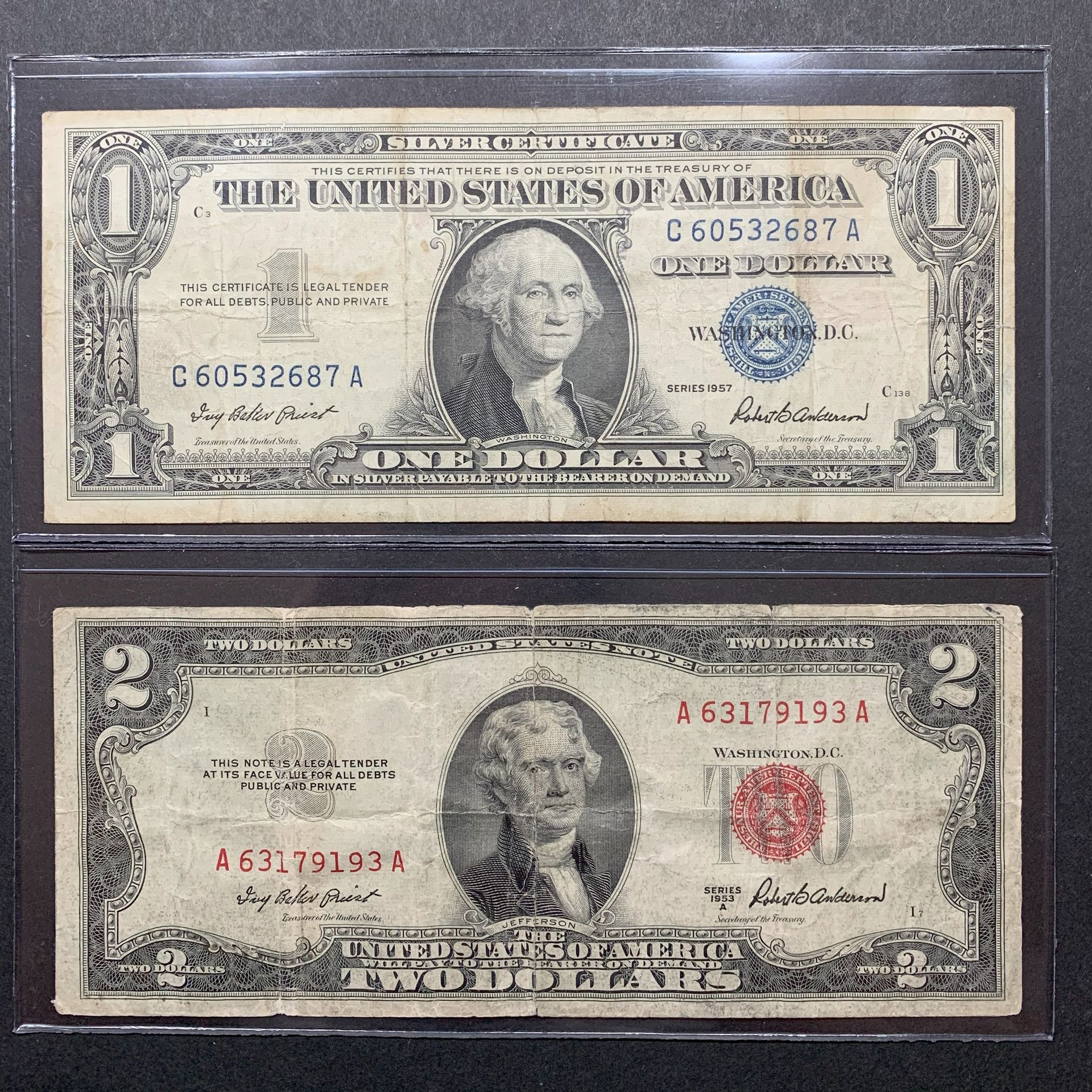 1953 Red Seal $2 Bill and 1957 $1 Silver Certificate