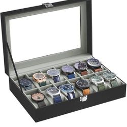    Watch Box, 12-Slot Watch Case with Large Glass Lid, Removable Watch Pillows, Watch Box Organizer, Gift for Loved Ones, Black Synthe
