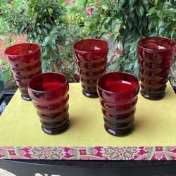 Lot Of 5 Pieces Ruby Red Glassware