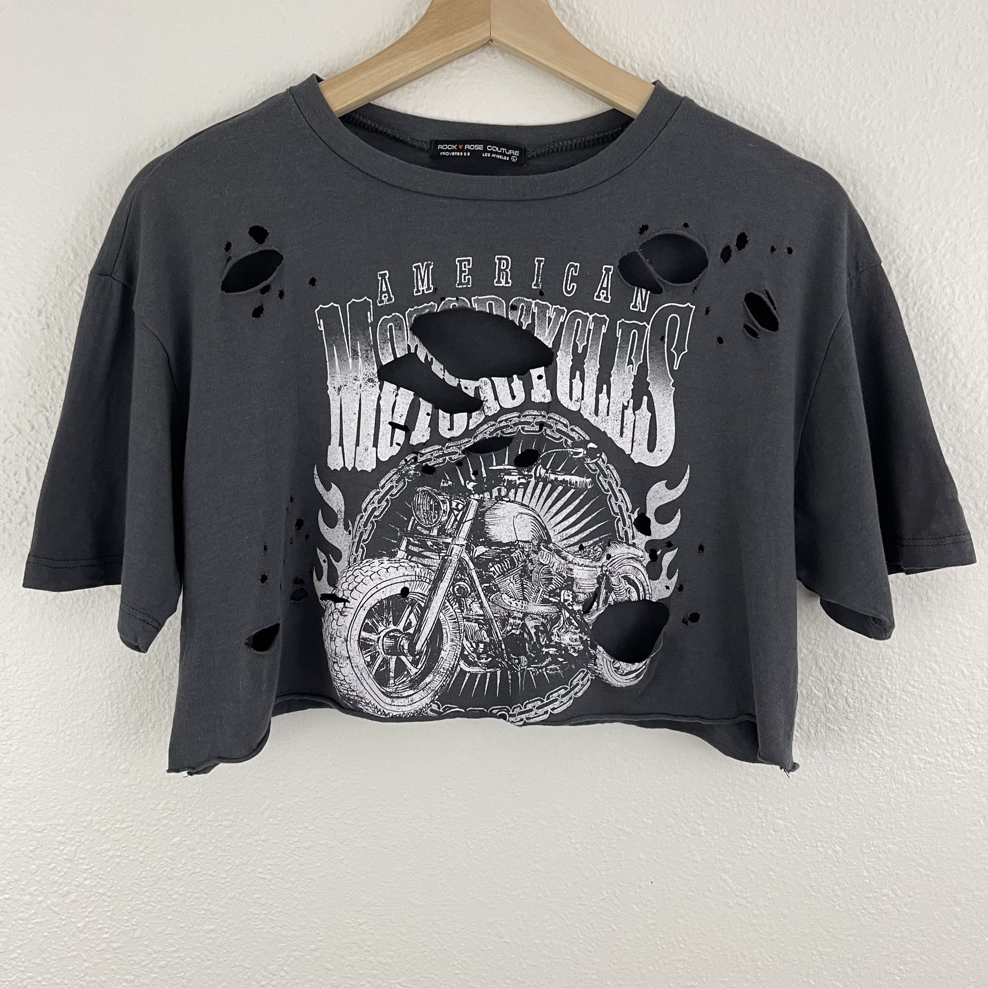 ROCK ROSE COUTURE Dark Grey American Motorcycles Distressed Cropped Graphic Tee