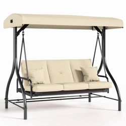 DDY 3 Person Porch Swing with Adjustable Canopy, Outdoor Patio Swing Chair Convertible 2 in 1 Swing Bed with 2.36'' Thick Cushions for Backyard/Garden